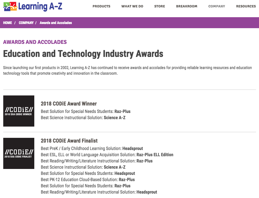 Learning A-Z liên tục đạt nhiều giải thưởng quốc tế có uy tín trong lĩnh vực giáo dục và ứng dụng công nghệ cho giáo dục