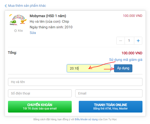 Gõ mã giảm giá rồi nhấn Áp dụng